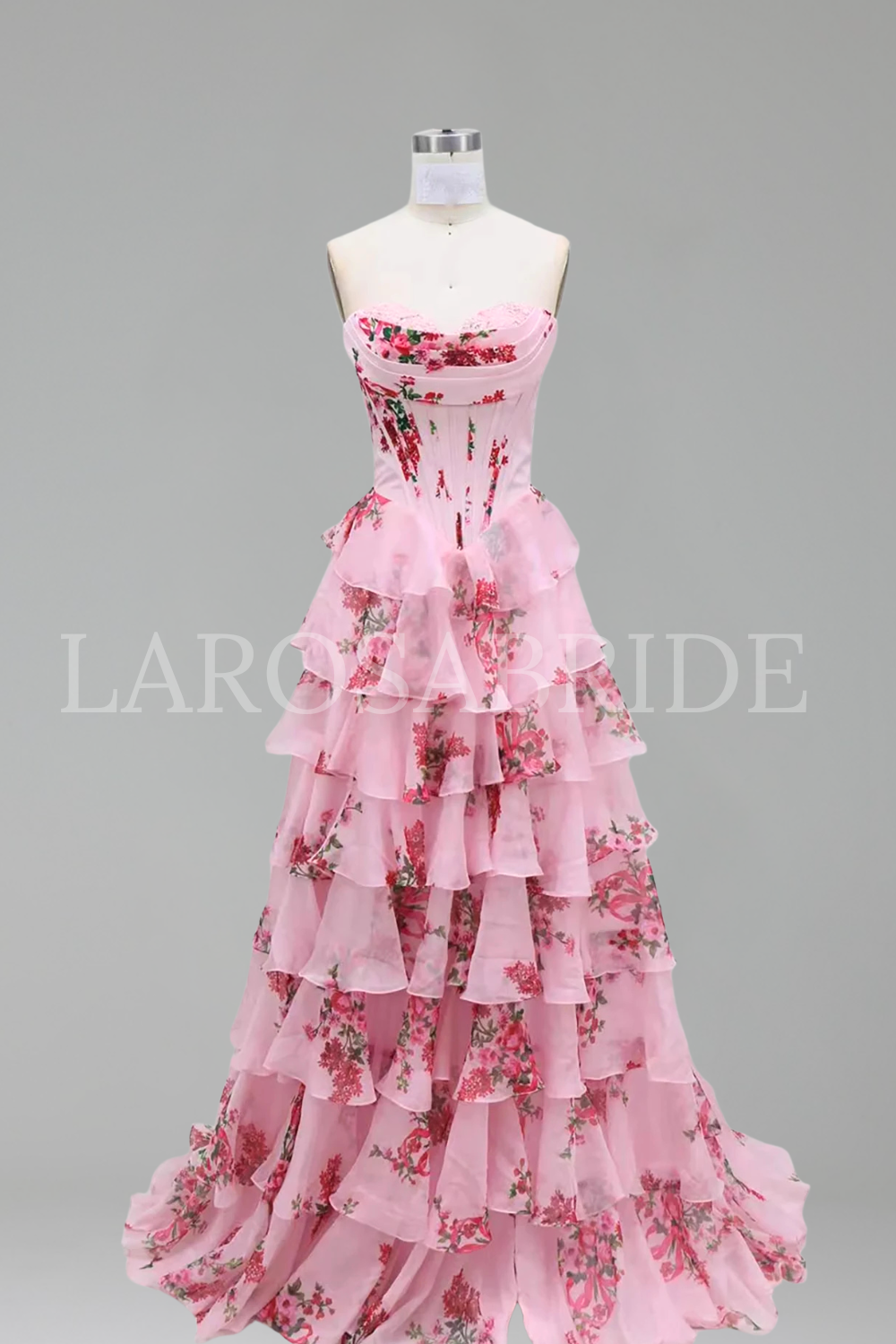 Floral Print Corset Ruffle Prom Dress - LAROSABRIDE