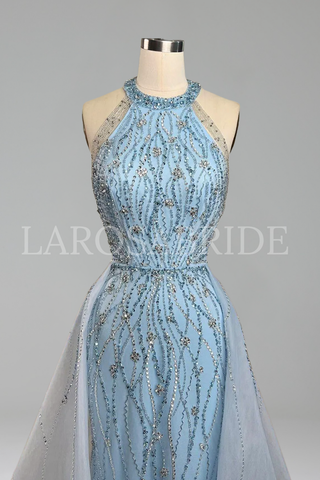Halter Beaded Mermaid Overskirt Dress - LAROSABRIDE