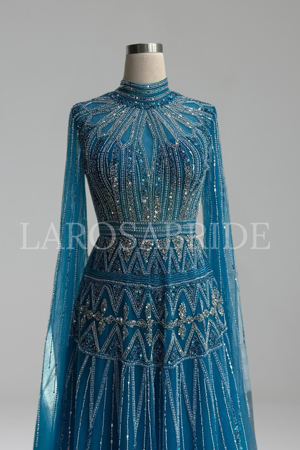 Beaded Dress with Cape Sleeves - LAROSABRIDE