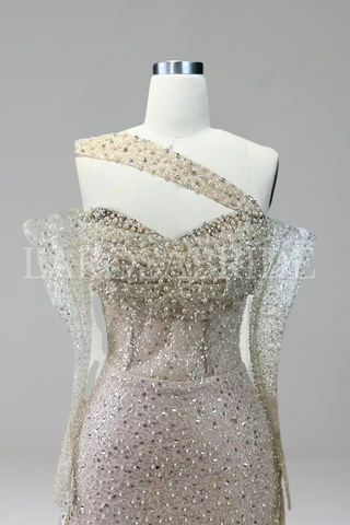 One-Shoulder Beaded Mermaid Gown - LAROSABRIDE