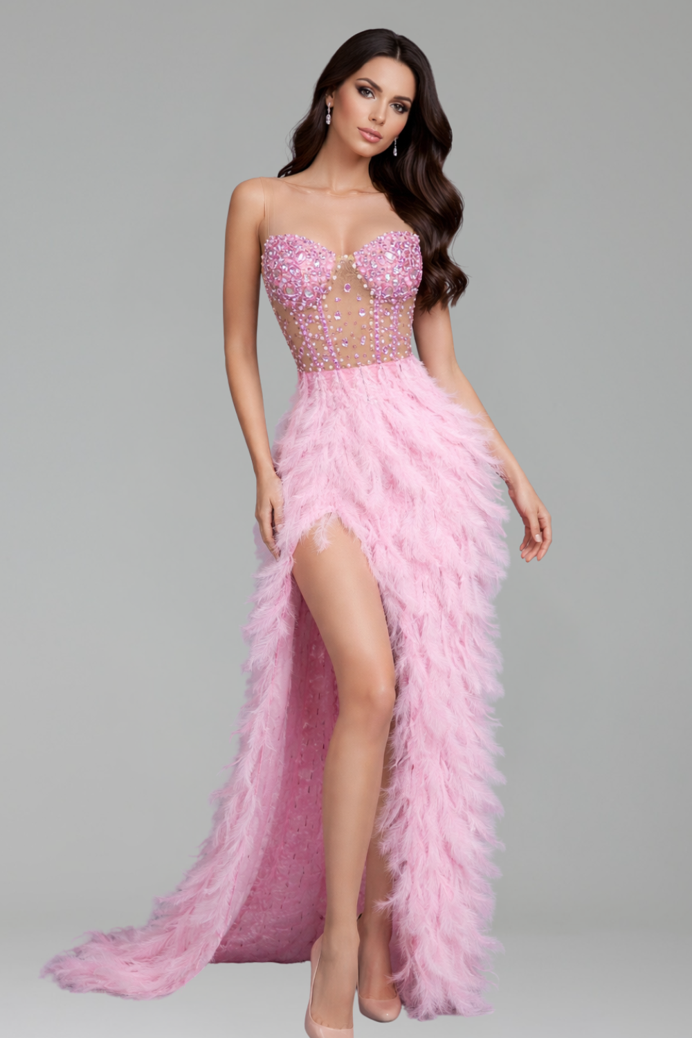 Feathered High-Slit Rhinestone Dress-Larosabride