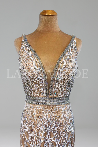 Feather Beaded Mermaid Gown