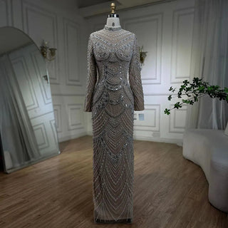 Ships in 2 to 5 Days - 2025 Muslim Nude Elegant Mermaid High Split Beaded Luxury Evening Dress - Gown for Women's Wedding Party