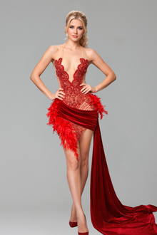 Plunging Feathered Draped Mini Dress - LAROSABRIDE