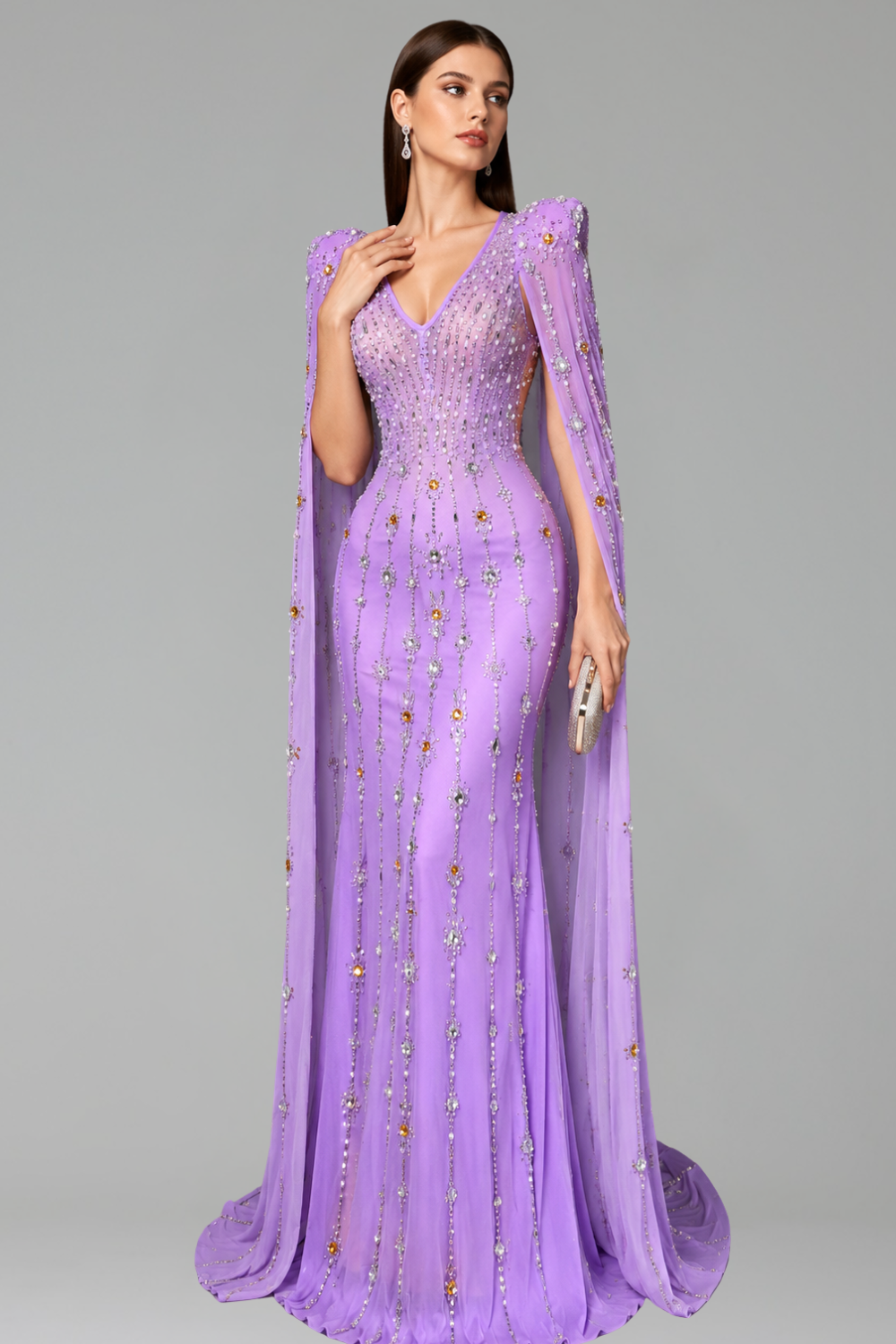 Embellished Cape Sleeve Gown - LAROSABRIDE