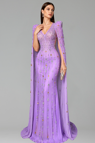 Embellished Cape Sleeve Gown - LAROSABRIDE