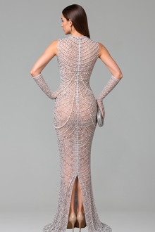 High Neck Pearl Embellished Gown - LAROSABRIDE