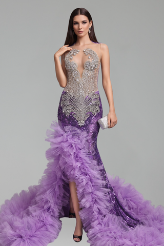 Crystal Embellished Feather Train Dress - LAROSABRIDE