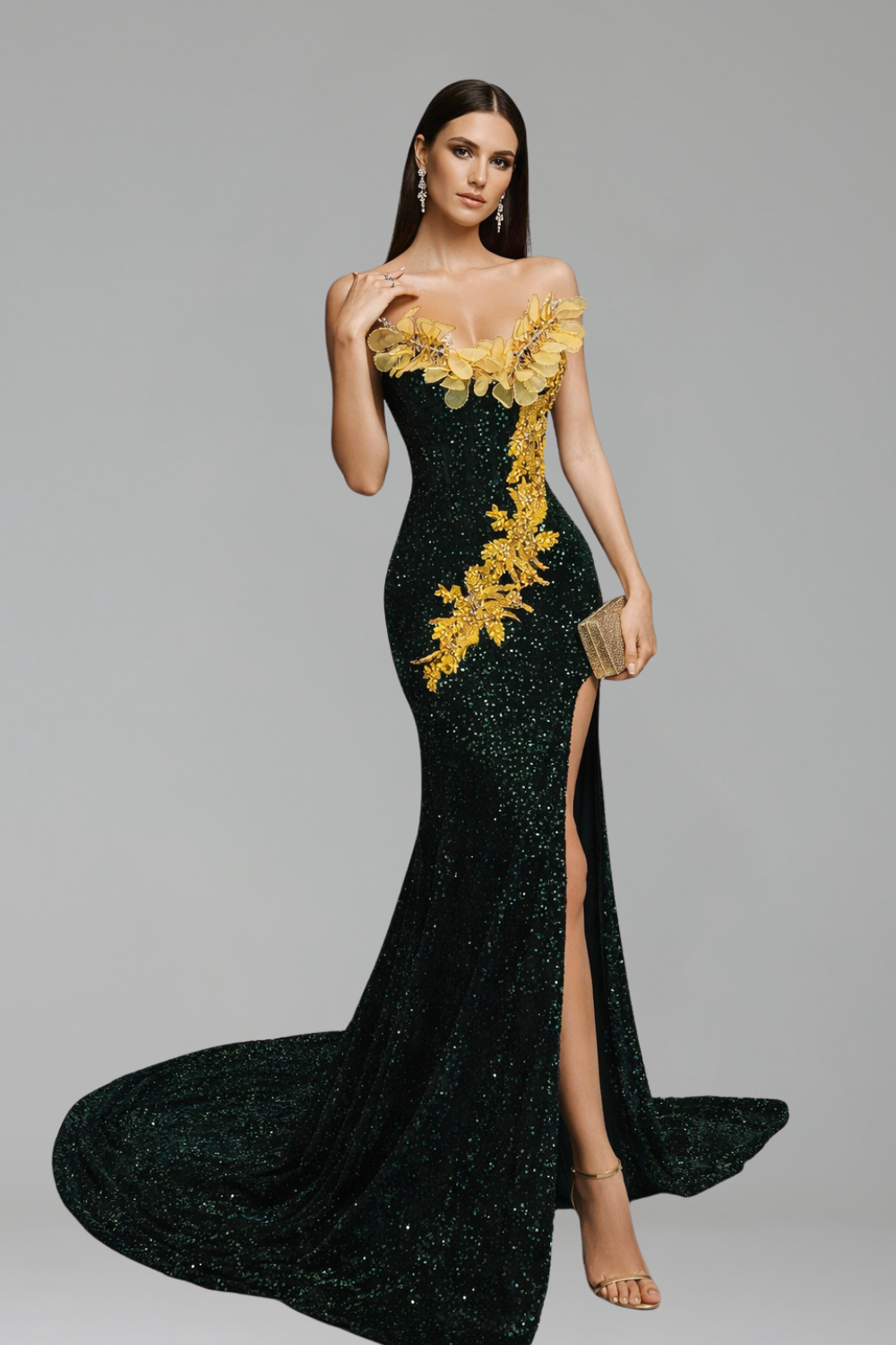 Emerald Sequin Floral Mermaid Gown - LAROSABRIDE