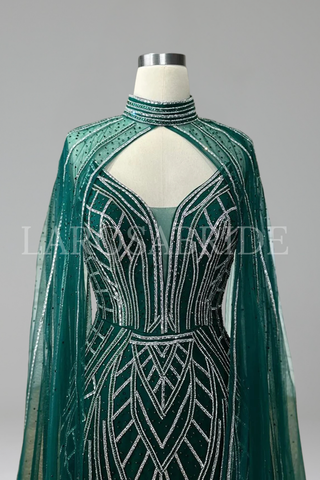 Beaded Mermaid Cape Sleeve Gown - LAROSABRIDE