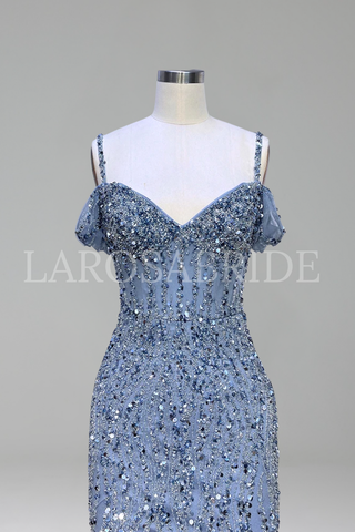 Feather Beaded Split Mermaid Gown
