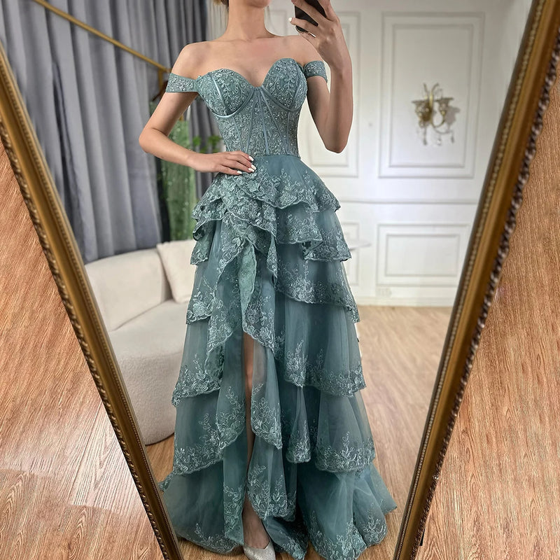 Ships in 2 to 5 Days - 2025 Arabic Turquoise Shoulder Strap Evening Gown - Tiered Beaded Dress with Front Split for Formal Occasions