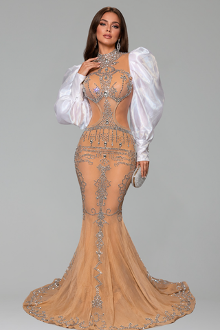 Crystal Cutout Puff Sleeve Gown