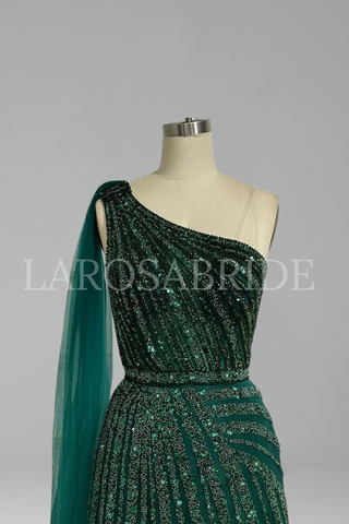 One Shoulder Beaded Evening Dress - LAROSABRIDE