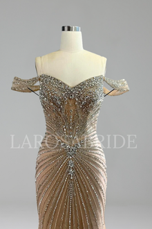 Nude Crystal Off-Shoulder Beaded Mermaid Gown - LAROSABRIDE