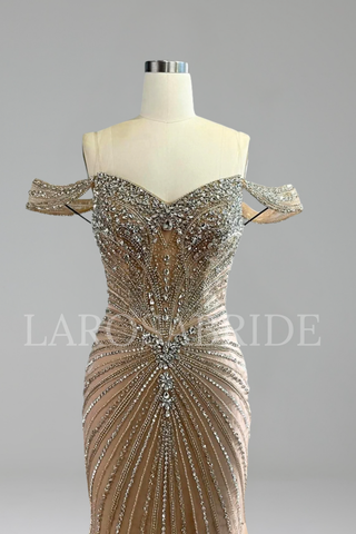 Nude Crystal Off-Shoulder Beaded Mermaid Gown - LAROSABRIDE