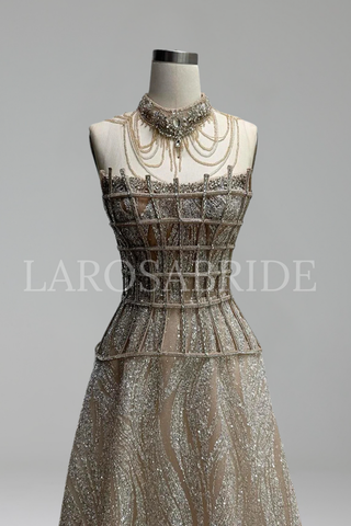 Nude Beaded A Line Evening Dress - LAROSABRIDE