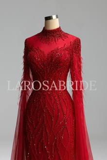 Beaded Feather Cape Sleeve Dress - LAROSABRIDE
