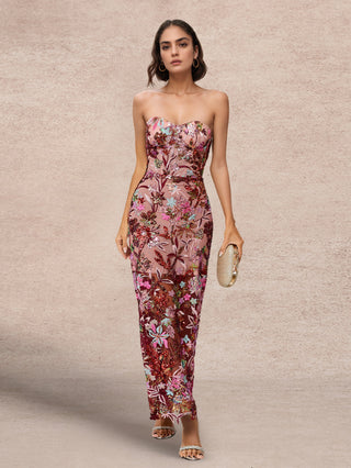 Strapless Floral Sequin Mesh Gown – Elegant Embroidered Evening Dress