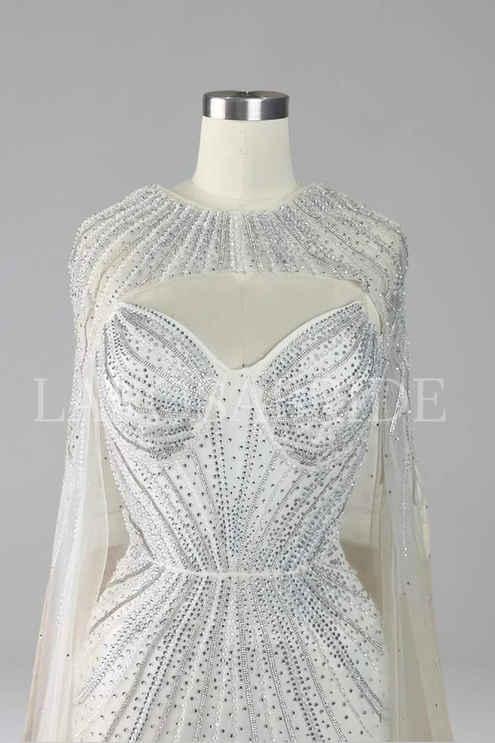 Beaded Spaghetti Strap Cape Dress - LAROSABRIDE