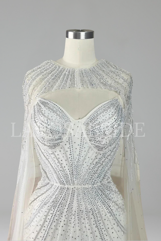 Beaded Spaghetti Strap Cape Dress - LAROSABRIDE