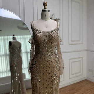 Rose-Gold Beaded Cold-Shoulder Gown