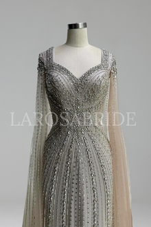 Beaded Evening Dress with Cape Sleeves - LAROSABRIDE