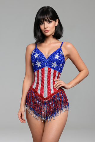 Star Striped Fringe Embellished Mini Dress - LAROSABRIDE