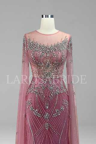 Crystal Beaded Cape Mermaid Gown - LAROSABRIDE
