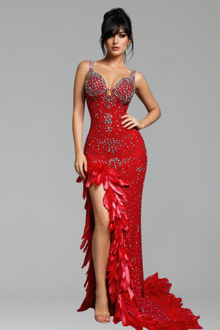 Embellished Feather Slit Evening Gown - LAROSABRIDE