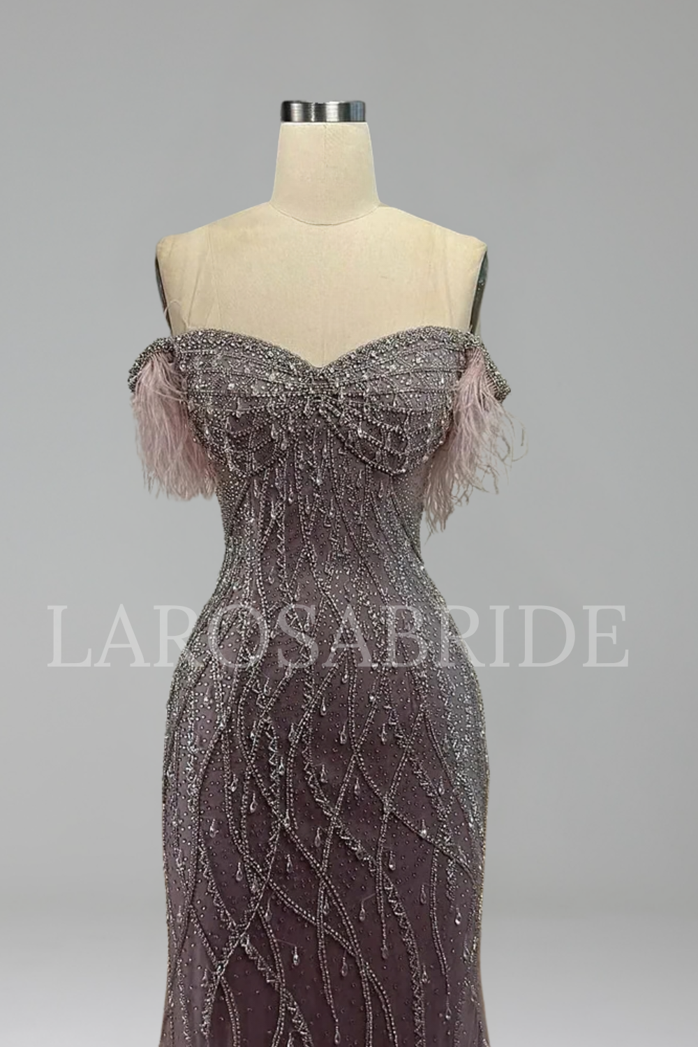 Beaded Feather Mermaid Evening Gown - LAROSABRIDE