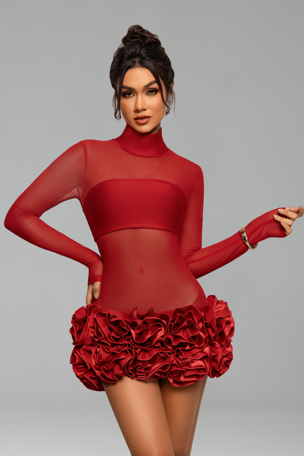 Sheer Turtleneck Rosette Mini Dress-Larosabride