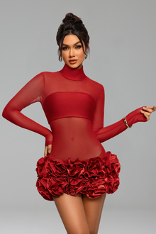 Sheer Turtleneck Rosette Mini Dress-Larosabride