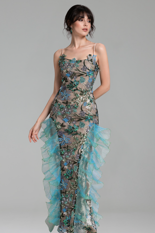 Embroidered Sheer Ruffle Detail Gown - LAROSABRIDE