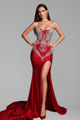 Beaded High Slit Mermaid Gown - LAROSABRIDE