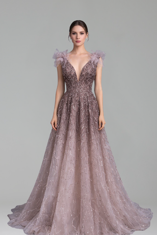 Feather Beaded Formal Gown