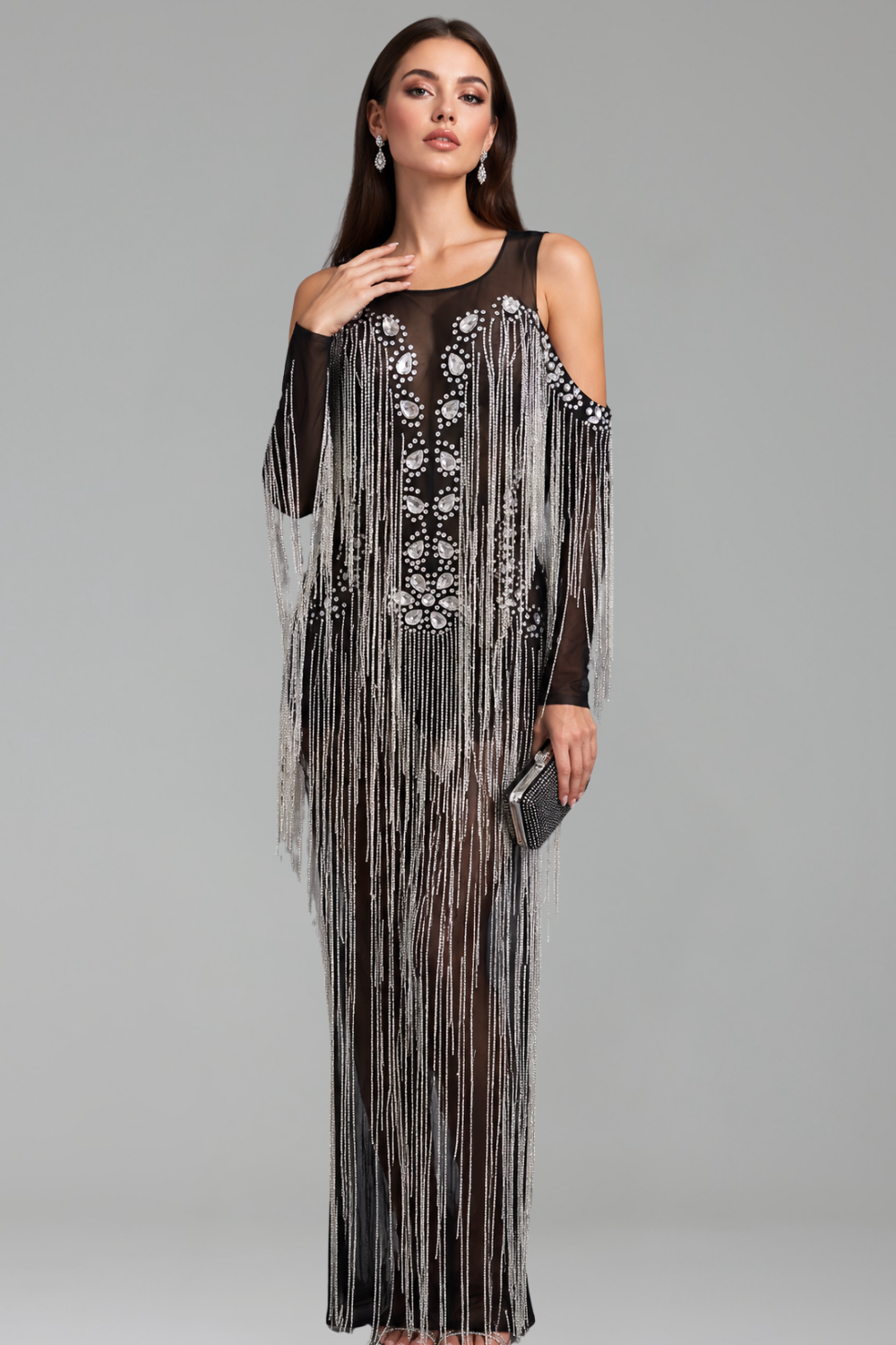 Crystal Fringe Cold Shoulder Gown - LAROSABRIDE