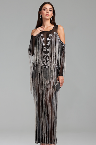 Crystal Fringe Cold Shoulder Gown