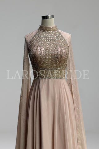 Nude Chiffon Dress with Beaded Cape Sleeves - LAROSABRIDE