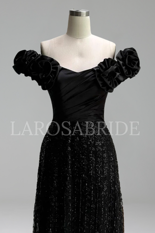 Off Shoulder Beaded Flower Sleeve Gown - LAROSABRIDE