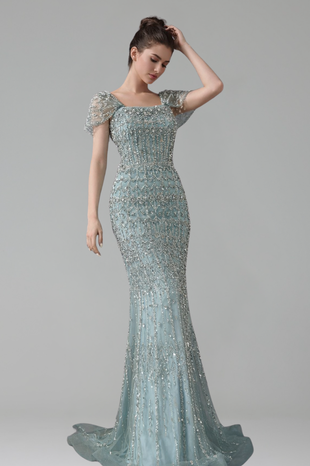 Beaded Short-Sleeve Mermaid Dress-Larosabride