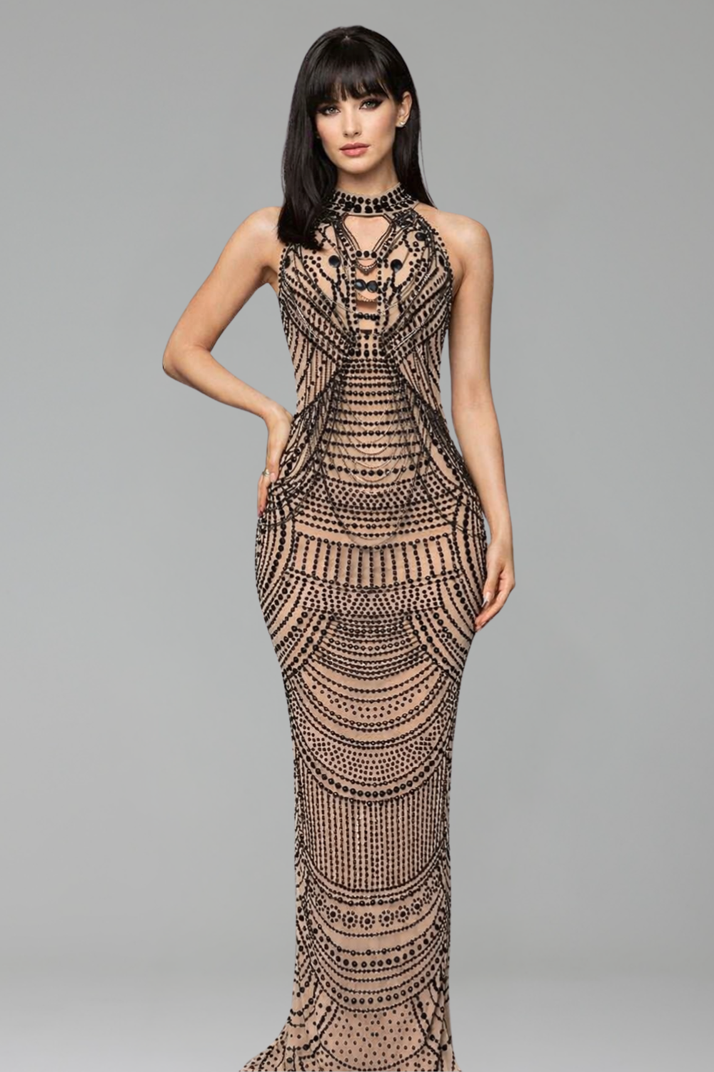 High Neck Embellished Mesh Gown - LAROSABRIDE