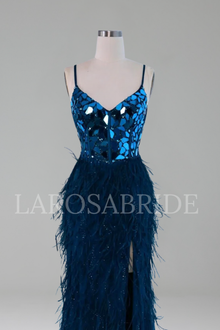 Peacock Blue Feathered Sequin Prom Dress - LAROSABRIDE