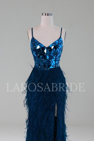 Peacock Blue Feathered Sequin Prom Dress - LAROSABRIDE