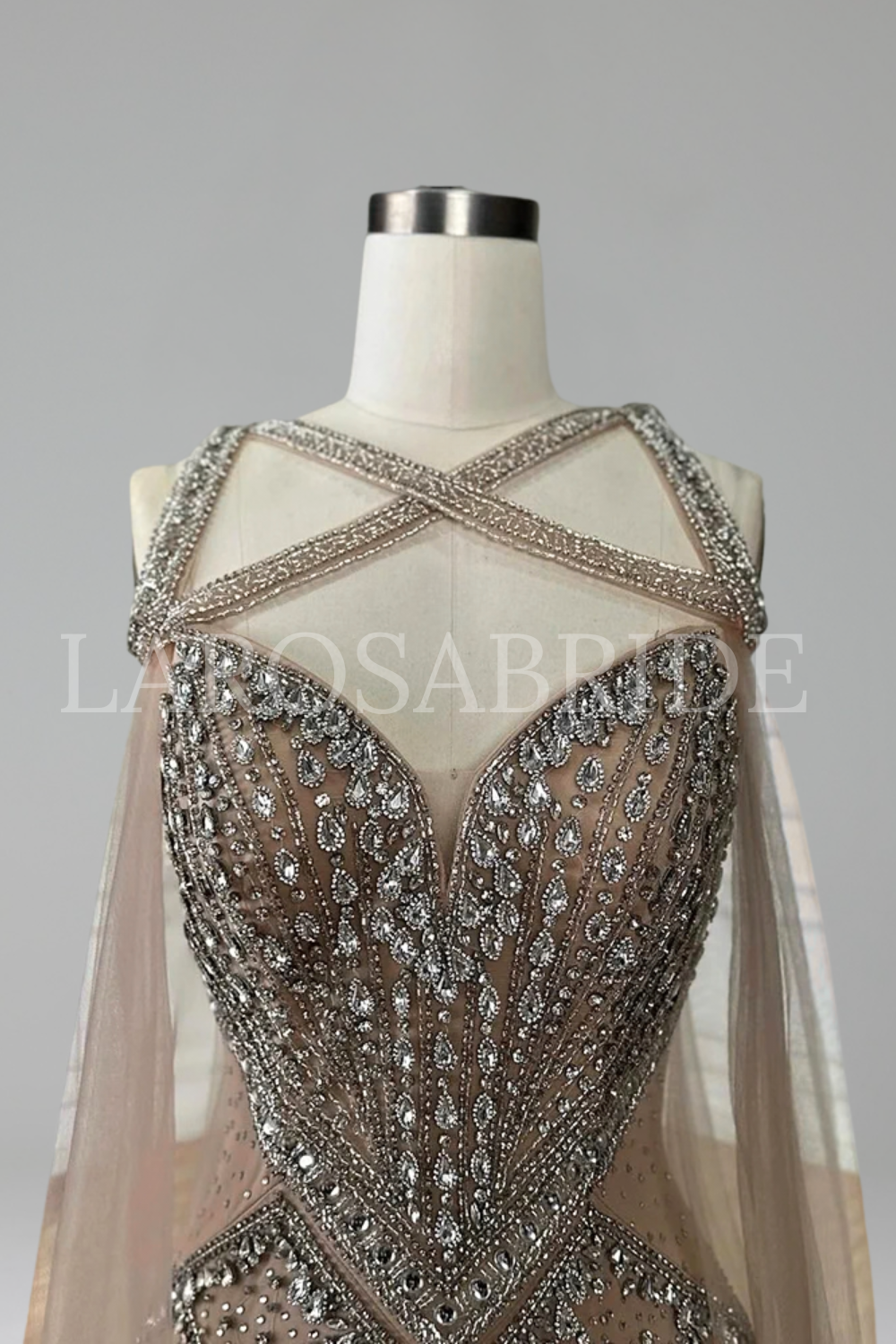 Beaded Crystal Cape Sleeves Gown - LAROSABRIDE