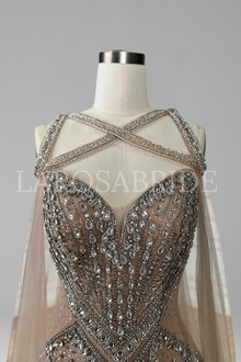 Beaded Crystal Cape Sleeves Gown - LAROSABRIDE