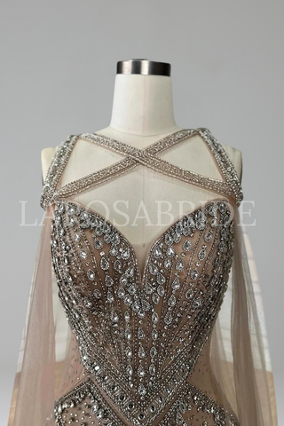 Beaded Crystal Cape Sleeves Gown - LAROSABRIDE