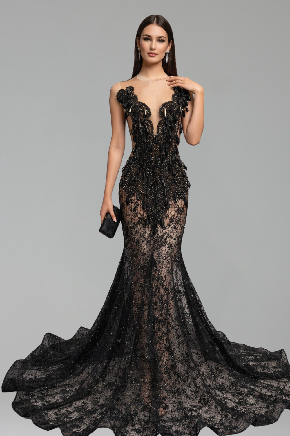 Embellished Lace Mermaid Dress - LAROSABRIDE