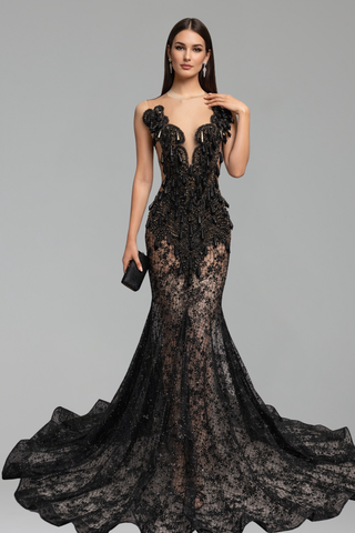 Embellished Lace Mermaid Dress - LAROSABRIDE