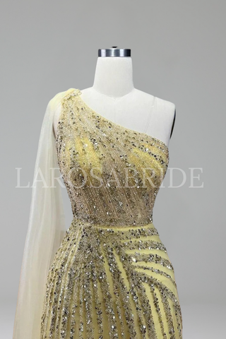 One Shoulder Beaded Evening Dress